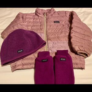 Girls 5T Purple Patagonia Nano Puff Jacket with Hat and Mittens
